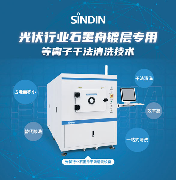 石墨舟干法等離子清洗可用于去除石墨舟表面的氮化硅鍍層，提高硅片的轉(zhuǎn)化效率和生產(chǎn)良率，為光伏行業(yè)帶來了重要的創(chuàng)新和進步。